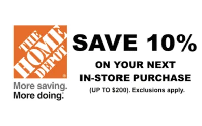 ONE (1X) HD 10% OFF Home Depot Printable Coupon _ Instore Only _ Valid 5+ Days Out